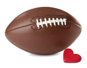 American football ball and heart on white background
