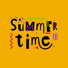 Summer time. Lettering written by hand on a yellow background. Colorful illustration.