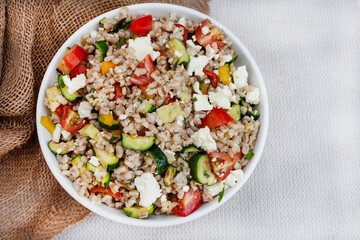 Mediterranean style Pearl Barley salad with feta and roasted baby marrow