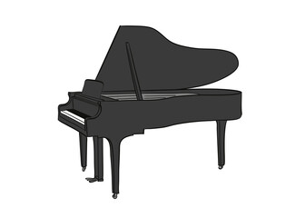 Vector drawing of a grand piano in black and white, lines and shapes