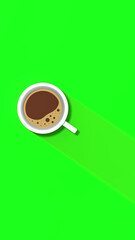 a white cup of coffee on Neon Green background. long shadow from cup. invigorating drink. Vertical image. 3D image. 3D rendering.