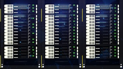 Computer and Network Servers in a Technology Room with Blinking Lights and Plexus. Joining Node 4K Abstract Tech Animation - Powered by Adobe