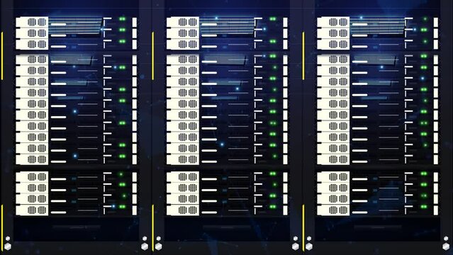 Computer and Network Servers in a Technology Room with Blinking Lights and Plexus. Joining Node 4K Abstract Tech Animation - Powered by Adobe