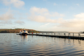 Kielder England: 13th January 2022: Kielder Ferry (The Osprey) docked at pier on a lovely sunny winter morning