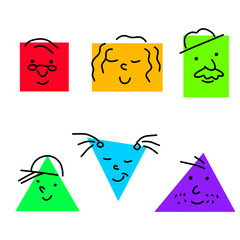 Set of Various bright basic Geometric Figures with face emotions. Different man and woman. Hand drawn trendy Vector illustration for kids. Cute funny square and triangle characters.