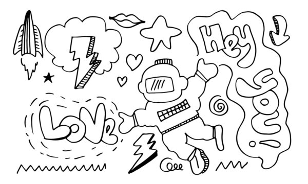 Little astronaut with love handwriting and other doodle elements for kids coloring book