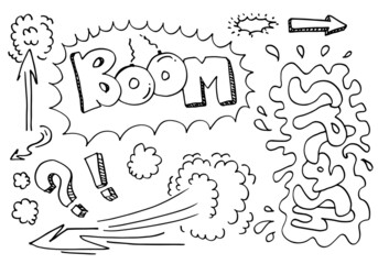 Hand drawn comic doodles on white background.