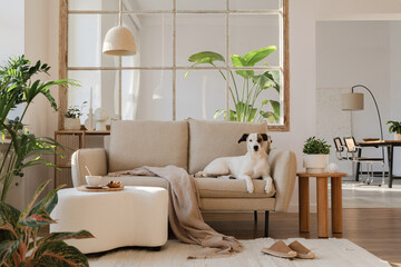 Elegant living room interior design with dog lying on beige modern sofa, side table, plants and creative accessories. Template. Copy space. Dining room in the background.. - obrazy, fototapety, plakaty