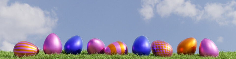 Colorful Easter eggs in a row on a grass background, Easter concept, 3d rendering