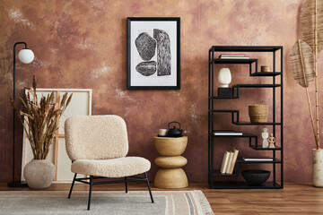 Modern living room interior design with mock up poster frame, frotte armchair, black metal shelf, side table, dry plants and creative home accessories. Creative wallpaper. Template. Copy space..