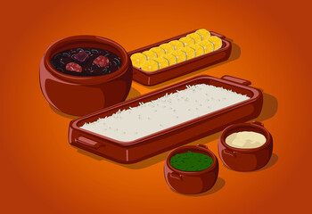 Brazilian meal called feijoada with rice, beans, sausage, pork, farofa and orange , clay pot.