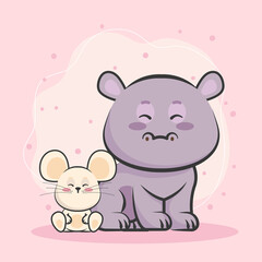 Obraz na płótnie Canvas kawaii hippo and mouse