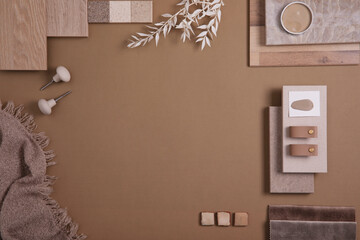 Flat lay of creative architect moodboard composition with samples of textile, paint, panels and...