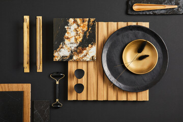 Stylish flat lay comosition of creative architect moodboard with samples of textile, paint, wooden...