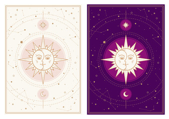 Sun Moon Gold atrology tarot card style vector illustration