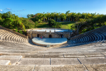 Scenic view of Altos de Chavon amphitheater, a tourist attraction, re-creation of a Mediterranean style village in La Romana near the Chavon river, Dominican Republic, Carribean travel - obrazy, fototapety, plakaty