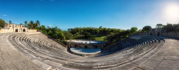 Scenic view of Altos de Chavon amphitheater, a tourist attraction, re-creation of a Mediterranean style village in La Romana near the Chavon river, Dominican Republic, Carribean travel - obrazy, fototapety, plakaty