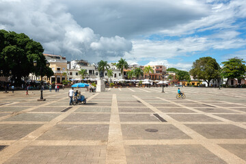 Fototapeta na wymiar Scenic view of Plaza de la Hispanidad (de España), Ciudad Colonial in Santo Domingo, Dominican Republic, sunny cityscape, travel background
