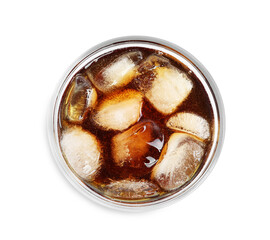 Glass of refreshing soda drink with ice cubes isolated on white, top view