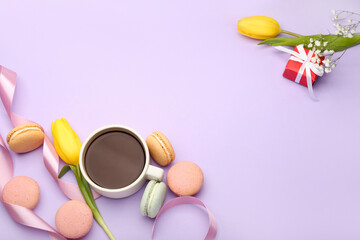 Fototapeta na wymiar Composition with cup of coffee, sweet macaroons and flowers on lilac background. International Women's Day celebration
