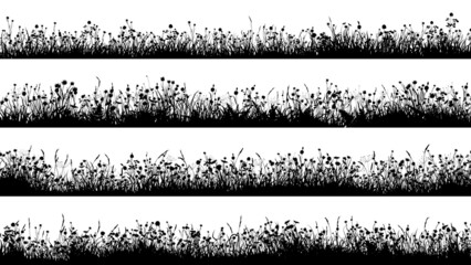 Set of horizontal banners with silhouettes of flowering meadow with short grass and many flowers. - 488797506