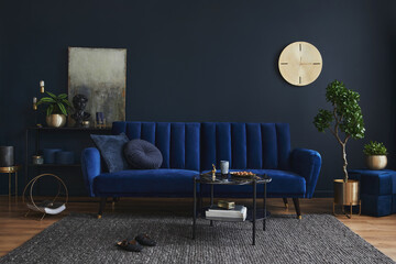 Creative compositon of modern living room interior design with glamour blue sofa, metal shelf,...