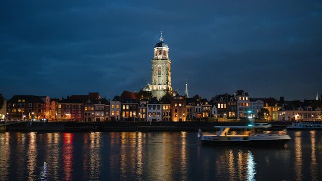 Night Time Lapse with clouds and St Lebu&iuml;nus Church in Deventer, Overijssel, The Netherlands