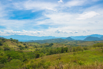 Panoramic landscape with mountains and blue sky. Tamesis, Antioquia, Colombia.