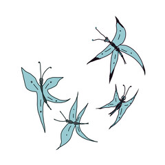 Fototapeta na wymiar set of blue flying marco butterflies and illustration.
