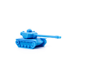 Toy tank of blue color. Close-up of little plastic ABS model. Blue filament. Objects printed by 3d...