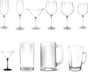 Set of vector glasses. Set of transparent vector glasses for wine, martini, champagne and other