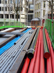 Fototapeta na wymiar Renovation Works Bridge View with Colorful Plastic Pipes in Amsterdam, Netherlands