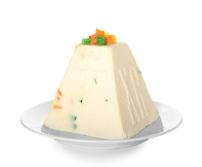 Plate with tasty curd Easter cake isolated on white background
