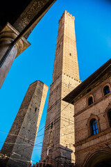 View of two towers of Bologna (Le due Torri) Tower Asinelli  and Tower Garisenda in Old Bologna town, Italy