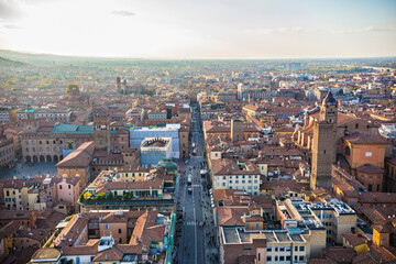 Fototapeta na wymiar Aerial view of Bologna old town, tile roofs of bologna. Bologna view from the tower, Italy
