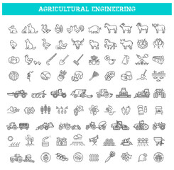 Agricultural and farming machines vector icons set. seeding