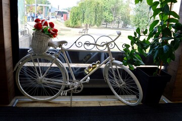 an old white bicycle with flowers in the window