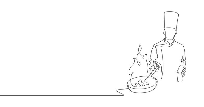 Animation of an image drawn with a continuous line. The chef is preparing food.