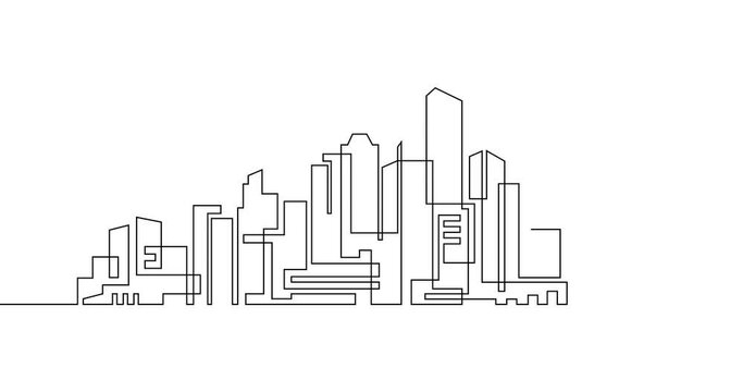 Animation of an image drawn with a continuous line. City skyline.