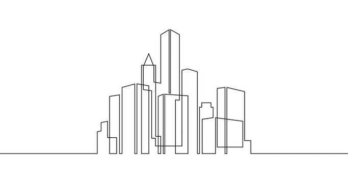 Animation of an image drawn with a continuous line. City skyline.