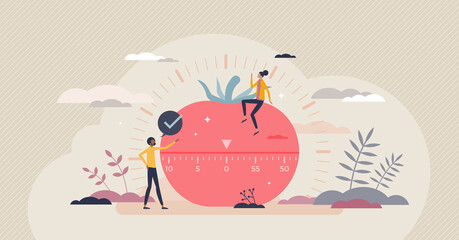 Pomodoro technique as effective time management system tiny person concept. Efficient and productive task time division with intensive working or learning and relaxation breaks vector illustration.