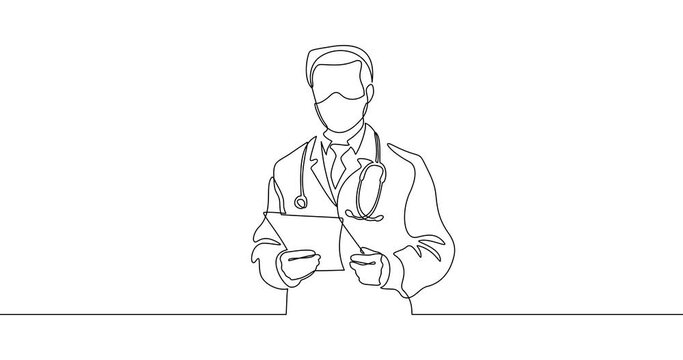 Animation of an image drawn with a continuous line. Doctors silhouette. Hospital scene.