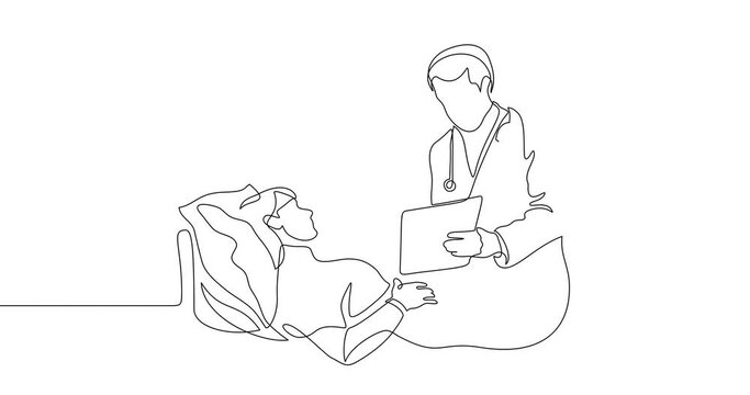 Animation of an image drawn with a continuous line. A conversation between doctor and patient. Hospital scene.