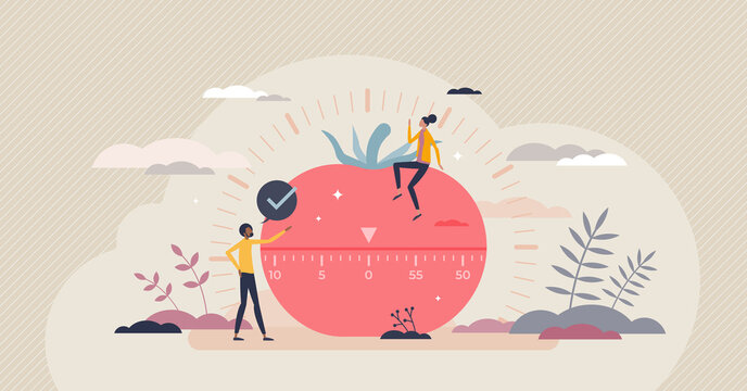 Pomodoro technique as effective time management system tiny person concept. Efficient and productive task time division with intensive working or learning and relaxation breaks vector illustration.