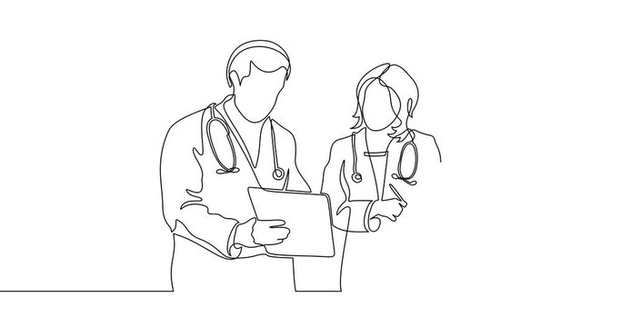 Animation of an image drawn with a continuous line. A conversation between two doctors. Hospital scene.