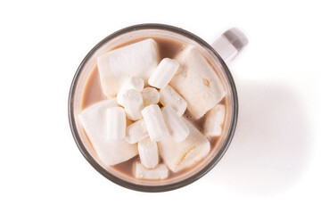 Mug with hot cocoa and marshmallow drink on a white insulated background. Top view.