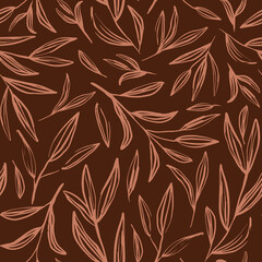 Brown herb leaves seamless repeat pattern. Random placed, vector, hand drawn olive branches all over print in earth tones.