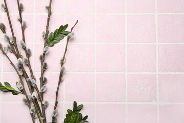 Pussy willow branches on color tile