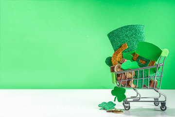 St Patrick sale background, supermarket shopping trolley with shamrock clover leaves, leprechaun...