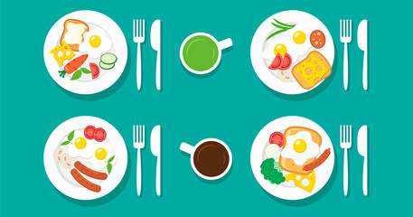 Fried egg breakfast vector set, plate with omelette. Cartoon food illustration